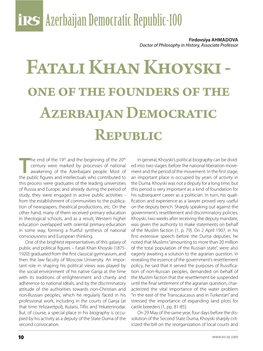 Fatali Khan Khoyski - One of the Founders of the Azerbaijan Democratic Republic