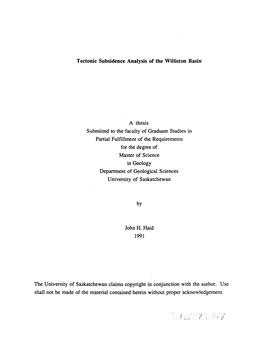 Tectonic Subsidence Analysis of the Williston Basin a Thesis Submitted