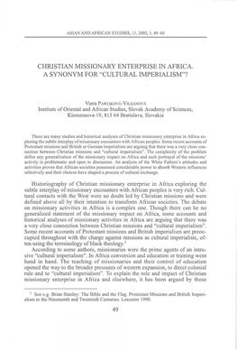 Christian Missionary Enterprise in Africa. a Synonym for “Cultural Imperialism’5?