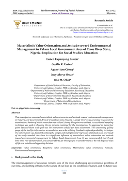 Materialistic Value Orientation and Attitude Toward Environmental