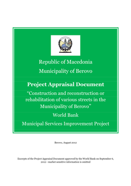 Republic of Macedonia Municipality of Berovo Project Appraisal Document