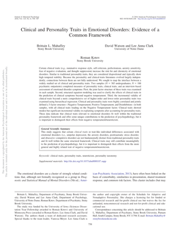 Clinical and Personality Traits in Emotional Disorders: Evidence of a Common Framework