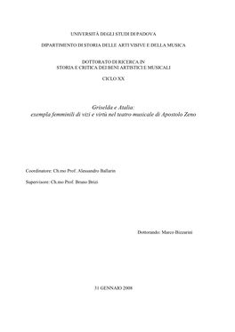 Griselda E Atalia: Exempla Femminili Di Vizi E Virtù Nel Teatro Musicale Di Apostolo Zeno
