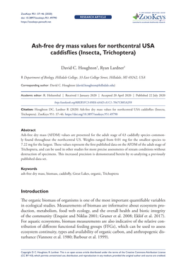 Ash-Free Dry Mass Values for Northcentral USA Caddisflies (Insecta, Trichoptera)