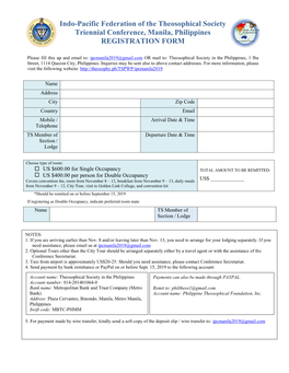 Indo-Pacific Federation of the Theosophical Society Triennial Conference, Manila, Philippines REGISTRATION FORM