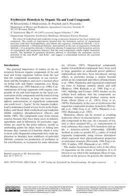 Erythrocyte Hemolysis by Organic Tin and Lead Compounds H