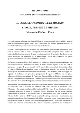 IL CONSIGLIO COMUNALE DI MILANO: STORIA, PRESENTE E FUTURO Intervento Di Marco Vitale