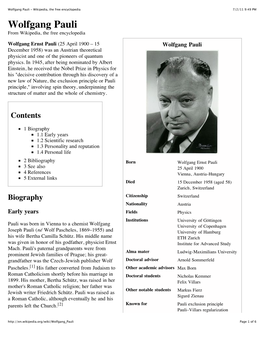 Wolfgang Pauli - Wikipedia, the Free Encyclopedia 7/2/11 9:49 PM Wolfgang Pauli from Wikipedia, the Free Encyclopedia