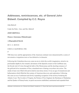 Addresses, Reminiscences, Etc. of General John Bidwell. Compiled by C.C