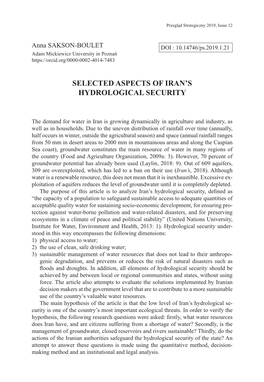 Selected Aspects of Iran's Hydrological Security