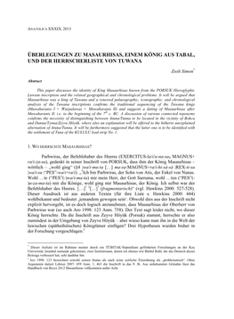 Überlegungen Zu Masaurhisas, Einem König Aus Tabal, Und Der Herrscherliste Von Tuwana