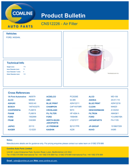 Product Bulletin CNS12226 - Air Filter