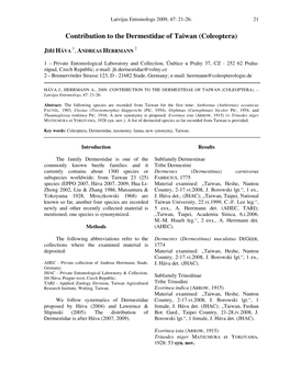 Contribution to the Dermestidae of Taiwan (Coleoptera)