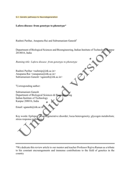 Lafora Disease: from Genotype to Phenotype* Rashmi Parihar