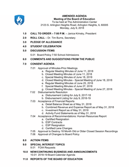 AMENDED AGENDA Meeting of the Board of Education to Be Held at the Administration Center 2123 S. Arlington Heights Road, Arlingt