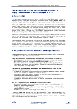 East Hampshire Playing Pitch Strategy: Appendix D Rugby - Assessment of Needs (Stages B & C)