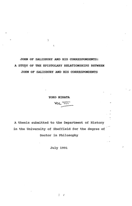 A Thesis Submitted to the Department of History in the University of Sheffield for the Degree Of