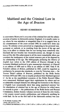 Maitland and the Criminal Law in the Age of Bracton