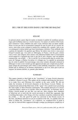 De L'or Et Des Juifs Dans L'œuvre De Balzac