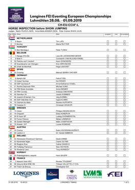 CH-EU-CCI4*-L HORSE INSPECTION Before SHOW JUMPING Judges: Martin PLEWA (GER) · Anne-Mette BINDER (DEN) · Peter Andrew SHAW (AUS)