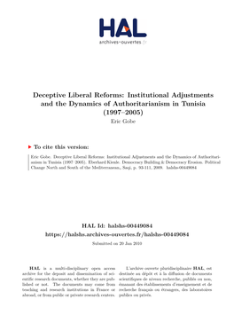 Institutional Adjustments and the Dynamics of Authoritarianism in Tunisia (1997–2005) Eric Gobe