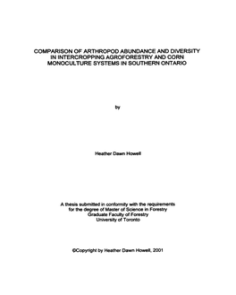 COMPARISON of ARTHROPOD ABUNDANCE and Dlverslty in INTERCROPPING AGROFORESTRY and CORN MONOCULTURE SYSTEMS in SOUTHERN ONTARIO