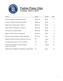 Padres Press Clips Tuesday, April 3, 2012