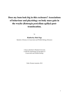 Associations of Behaviour and Physiology on Body Mass Gain in the Woylie (Bettongia Penicillata Ogilbyi) Post- Translocation
