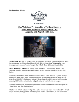 Max Weinberg Performs Back-To-Back Shows at Hard Rock Hotel & Casino Atlantic City August 3 and August 4 at 9 P.M