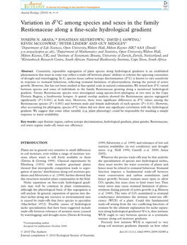 Variation in D13c Among Species and Sexes in the Family Restionaceae Along a Fine-Scale Hydrological Gradientaec 2089 1..7