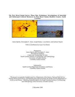 The Port Royal Sound Survey, Phase One: Preliminary Investigations of Intertidal and Submerged Cultural Resources in Port Royal Sound, Beaufort County, South Carolina