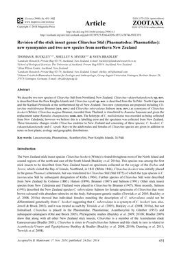 Revision of the Stick Insect Genus Clitarchus Stål (Phasmatodea: Phasmatidae): New Synonymies and Two New Species from Northern New Zealand