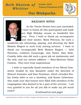 Our Mishpacha Shalom of Octoberoctober 2018 2018 Tishrei/Cheshvan 5779 Tishrei/Cheshvan 5779 Whittier Our Mishpacha