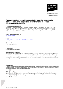 Recovery of Holothuroidea Population Density, Community Composition, and Respiration Activity After a Deep-Sea Disturbance Experiment