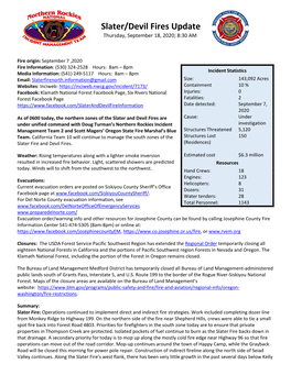 Slater/Devil Fires Update Thursday, September 18, 2020; 8:30 AM