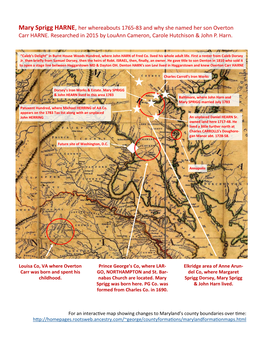 Mary Sprigg HARNE, Her Whereabouts 1765-83 and Why She Named Her Son Overton Carr HARNE