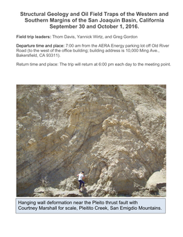 Structural Geology and Oil Field Traps of the Western and Southern Margins of the San Joaquin Basin, California September 30 and October 1, 2016