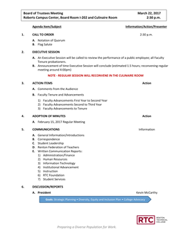 Board of Trustees Meeting March 22, 2017 Roberts Campus Center, Board Room I-202 and Culinaire Room 2:30 P.M