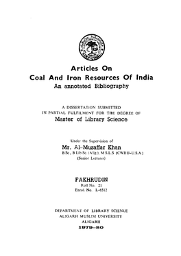 Articles on Coal and Iron Resources of India an Annotated Bibliography