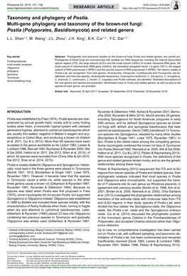 Taxonomy and Phylogeny of &lt;I&gt;Postia.&lt;/I&gt;&lt;Br/&gt;Multi-Gene Phylogeny and Taxonomy of the Brown-Rot Fungi: &lt;I&G