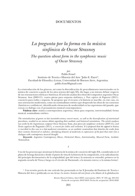 La Pregunta Por La Forma En La Música Sinfónica De Oscar Strasnoy the Question About Form in the Symphonic Music of Oscar Strasnoy