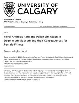 Floral Anthesis Rate and Pollen Limitation in Delphinium Glaucum and Their Consequences for Female Fitness