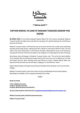 Captain Marvel to Land at Madame Tussauds London This Easter