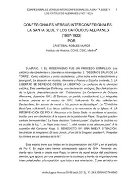 CONFESIONALES VERSUS INTERCONFESIONALES. LA SANTA SEDE Y LOS CATÓLICOS ALEMANES (1907-1922) POR CRISTÓBAL ROBLES MUÑOZ Instituto De Historia, CCHS, CSIC, Madrid*