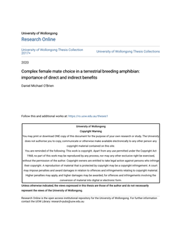 Complex Female Mate Choice in a Terrestrial Breeding Amphibian: Importance of Direct and Indirect Benefits