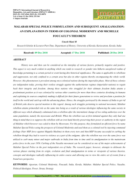 Malabar Special Police Formulation and Subsequent Amalgamation: an Explanation in Terms of Colonial Modernity and Michelle Foucault’S Theorem