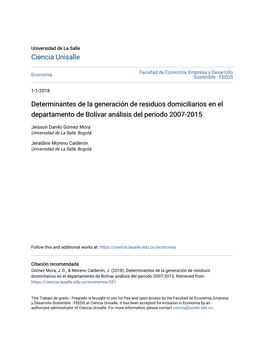 Determinantes De La Generación De Residuos Domiciliarios En El Departamento De Bolívar Análisis Del Periodo 2007-2015