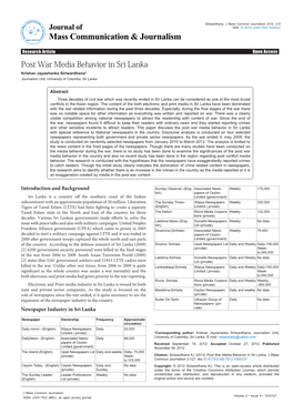 Post War Media Behavior in Sri Lanka Krishan Jayashanka Siriwardhana* Journalism Unit, University of Colombo, Sri Lanka