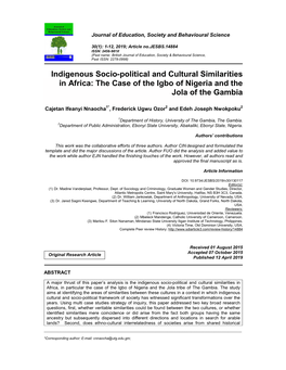 Indigenous Socio-Political and Cultural Similarities in Africa: the Case of the Igbo of Nigeria and the Jola of the Gambia