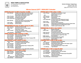 INDIA TEMPLE ASSOCIATION Vikram Samvat 2077 / 2020-2021 Calendar